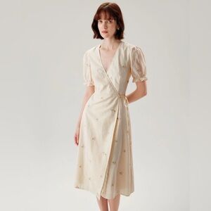 Rihoas Beige Embroidery Puffed Sleeve Wrap Midi Dress